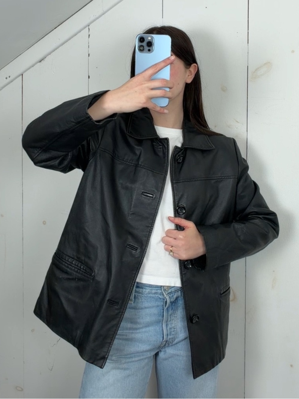 Winlit Black Genuine Leather Button Front Jacket Women’s‎ Small Y2K Lightweight